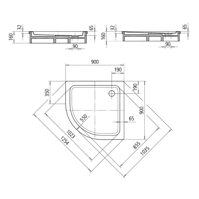 Kaldewei Arrondo 871-2 Viertelkreis-Duschwanne 90 x 90 x 6,5 cm mit Wannenträger und Antislip