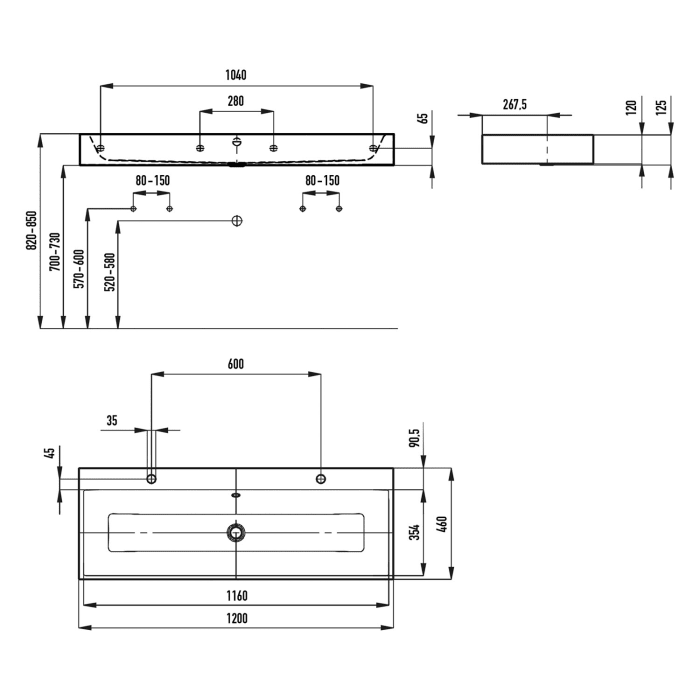 Kaldewei PURO Wandwaschtisch 3167 mit 2 Hahnlochbohrungen, 120 cm
