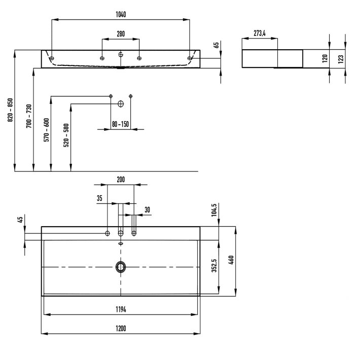 Kaldewei SILENIO Wandwaschtisch 3046 mit 1 x 3 Hahnlochbohrungen, 120 cm