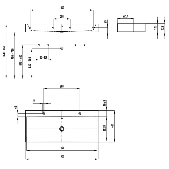 Kaldewei SILENIO Wandwaschtisch 3046 mit 2 x 1 Hahnlochbohrung, 120 cm