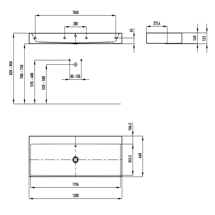 Kaldewei SILENIO Wandwaschtisch 3046 ohne Hahnlochbohrung, 120 cm