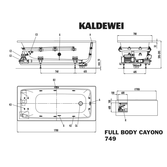 Kaldewei Cayono 749 Whirlpool mit FULL BODY Whirlsystem, Ab-und Überlauf mit Wassereinlauf, Perl-Effekt