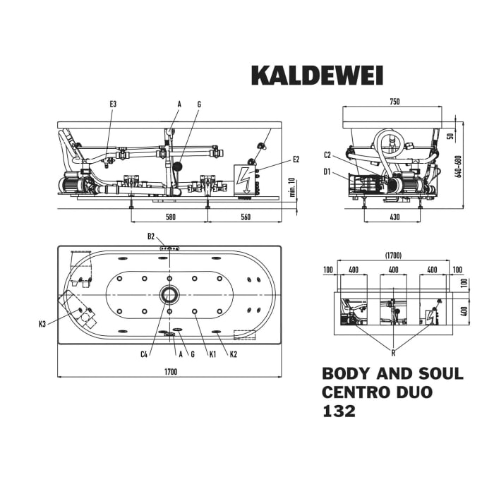 Kaldewei Centro Duo 132 Whirlpool mit BODY&SOUL Whirlsystem, Ab -und Überlauf mit Wassereinlauf