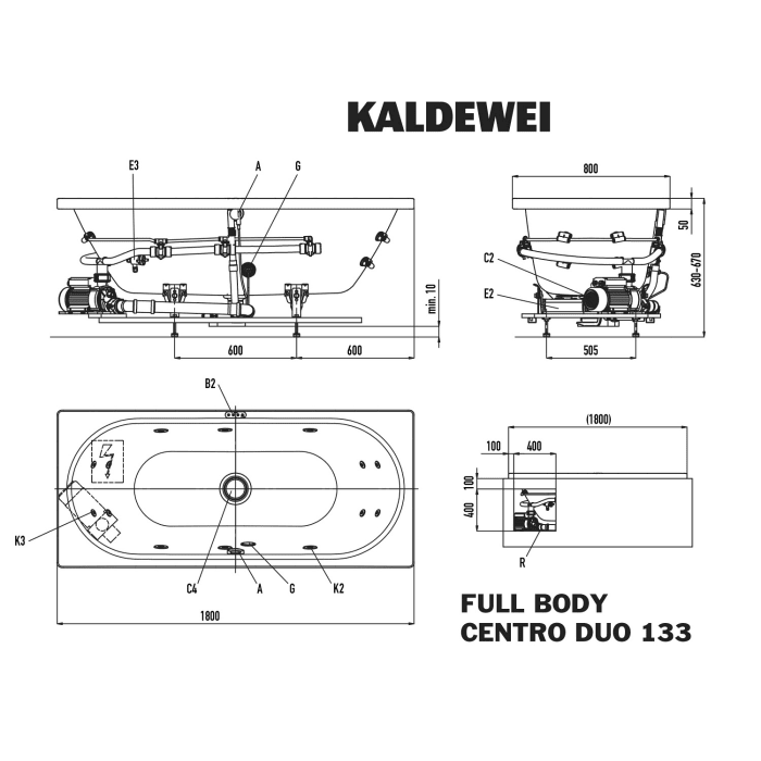 Kaldewei Centro Duo 133 mit FULL BODY Whirlsystem, Ab -und Überlauf mit Wassereinlauf