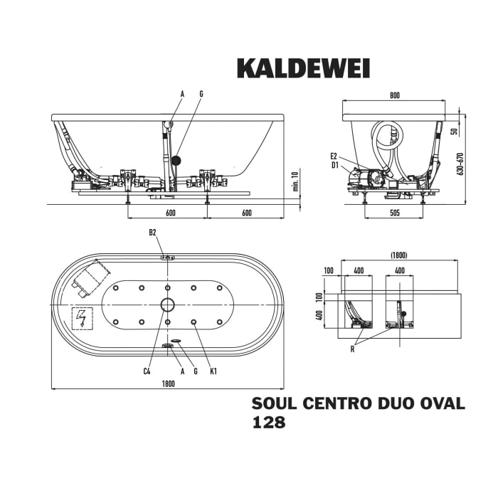Kaldewei Centro Duo Oval 128-1 mit SOUL Whirlsystem, Ab- und Überlauf mit Wassereinlauf, Perl-Effekt