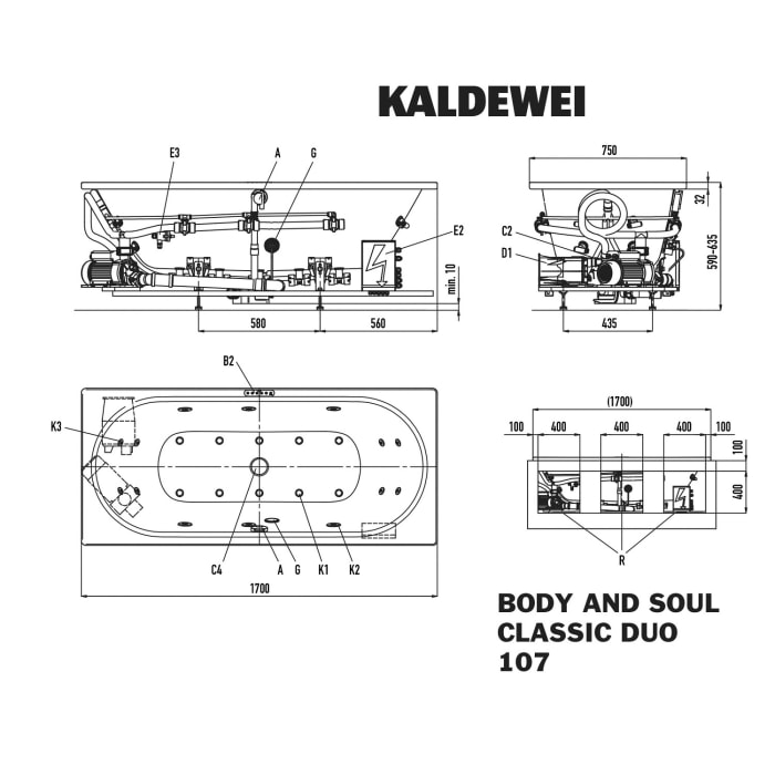 Kaldewei Classic Duo 107 Whirlpool mit BODY&SOUL Whirlsystem, Ab-und Überlauf mit Wassereinlauf