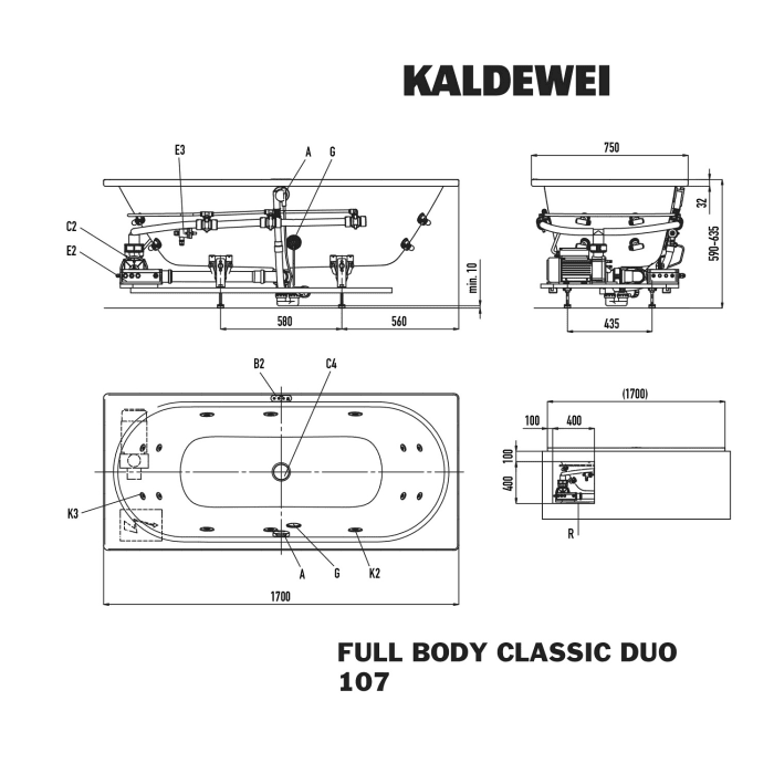 Kaldewei Classic Duo 107 Whirlpool mit FULL BODY Whirlsystem, Ab-und Überlauf mit Wassereinlauf