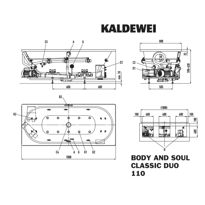 Kaldewei Classic Duo 110 Whirlpool mit BODY&SOUL Whirlsystem, Ab-und Überlaufgarnitur mit Wassereinlauf