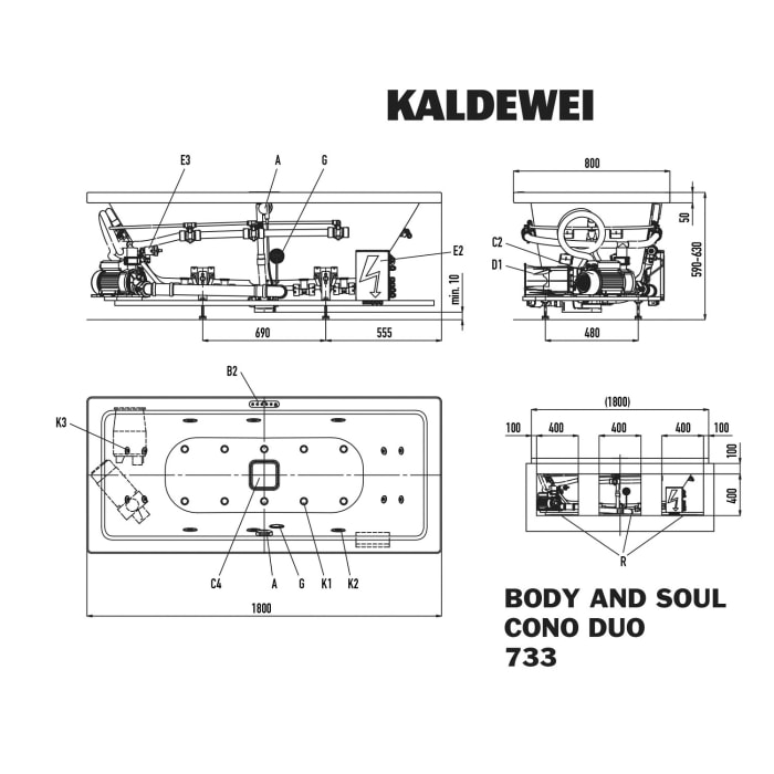 Kaldewei Conoduo 733 mit BODY&SOUL Whirlsystem, Ab -und Überlauf mit Wassereinlauf, Perl-Effekt