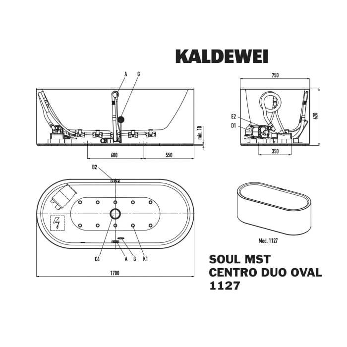 Kaldewei Meisterstück Centro Duo Oval 1127 mit SOUL Whirlsystem, Ab- und Überlauf mit Wassereinlauf, Perl-Effekt