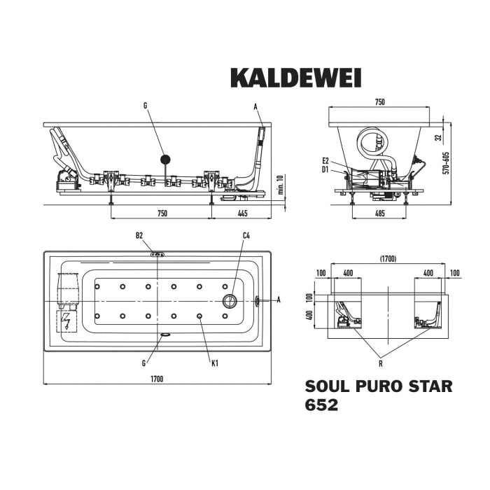 Kaldewei PURO 652 Whirlpool mit SOUL Whirlsystem, Ab-und Überlauf mit Wassereinlauf, Perl-Effekt