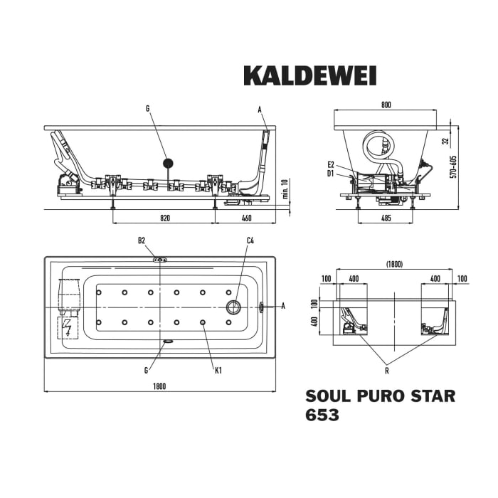 Kaldewei PURO 653 Whirlpool mit SOUL Whirlsystem, Ab-und Überlauf mit Wassereinlauf, Perl-Effekt