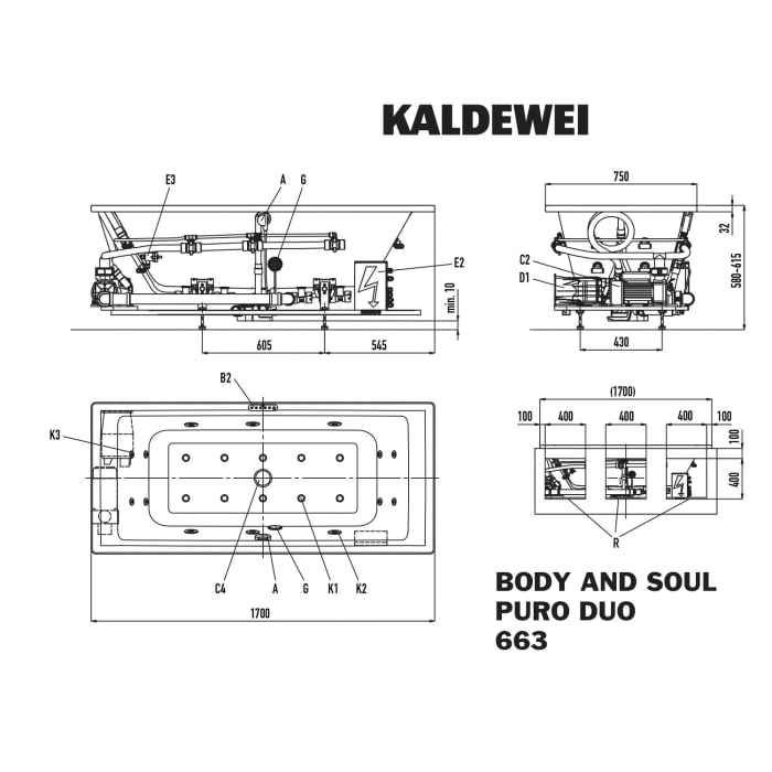 Kaldewei PURO DUO 663 Whirlpool mit BODY&SOUL Whirlsystem, Ab -und Überlauf mit Wassereinlauf