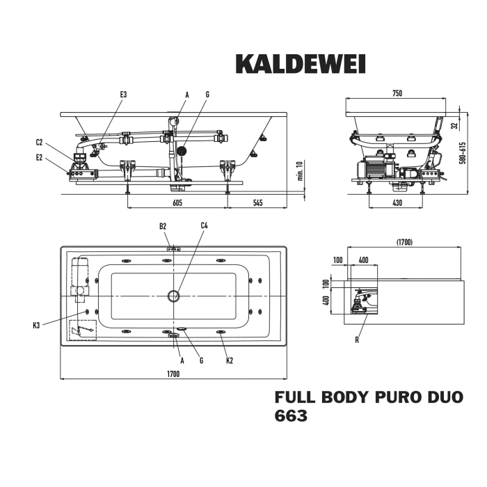 Kaldewei PURO DUO 663 Whirlpool mit FULL BODY Whirlsystem, Ab- und Überlauf mit Wasereinlauf