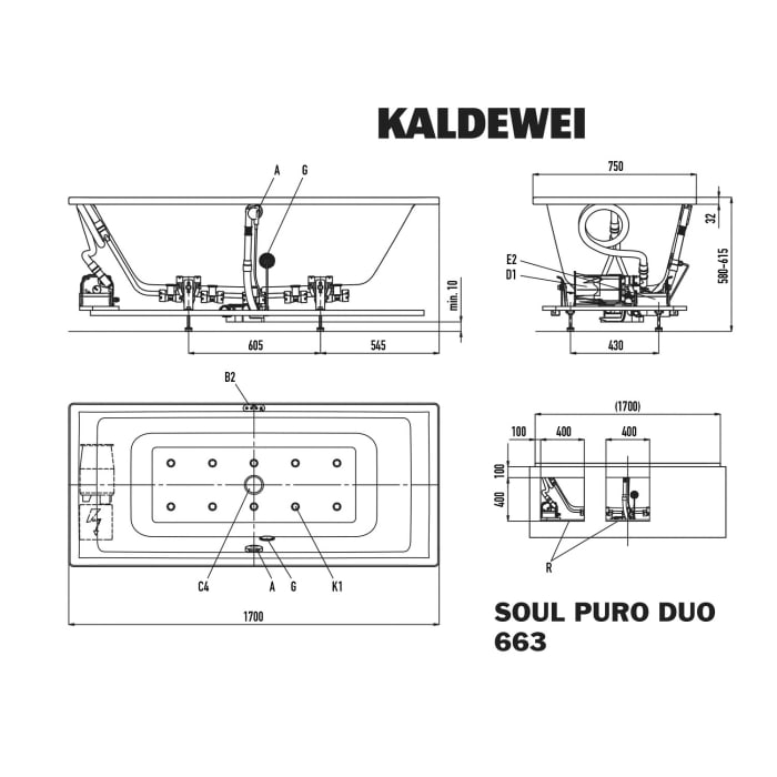 Kaldewei PURO DUO 663 Whirlpool mit SOUL Whirlsystem, Ab- und Überlauf mit Wassereinlauf, Perl-Effekt