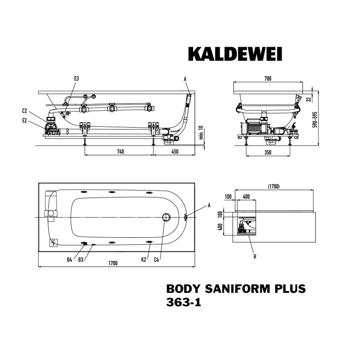 Kaldewei Saniform Plus 363 Whirlpool mit BODY Whirlsystem, Ab- und Überlauf mit Wassereinlauf