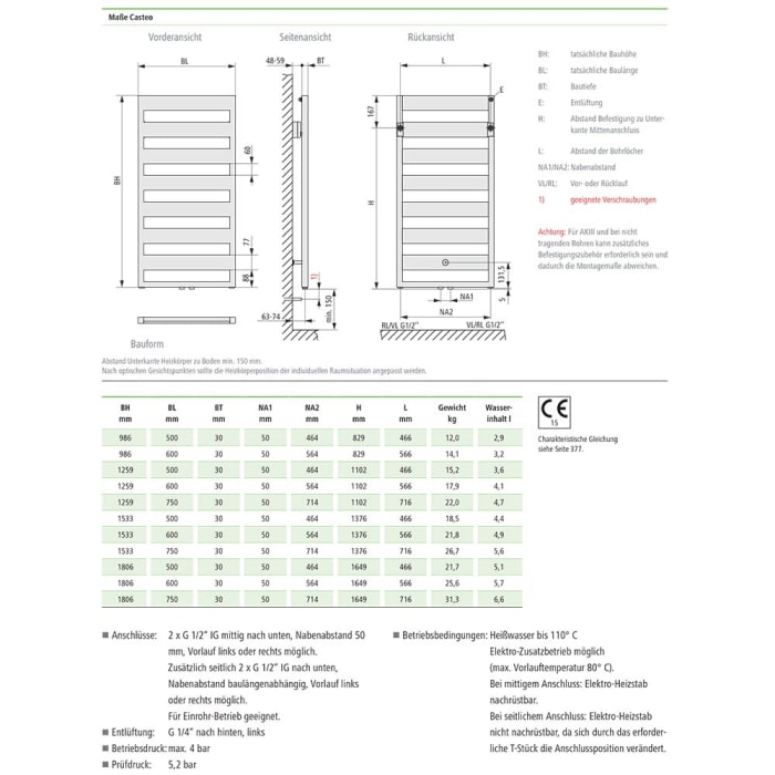 Kermi Casteo Badheizkörper 50 x 3 x 125,9 cm