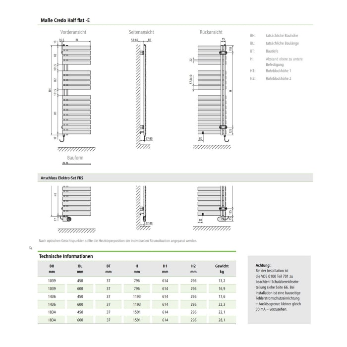 Kermi Credo Half flat -E Badheizkörper 45 x 143,6 cm, mit Elektro-Set WWS rechts