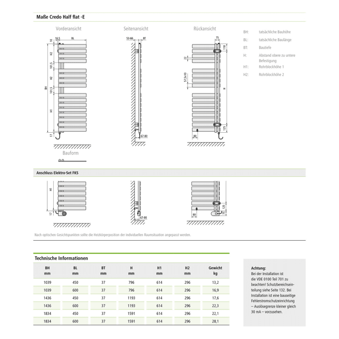 Kermi Credo Half flat -E Badheizkörper 45 x 183,4 cm, mit Elektro-Set WRS rechts