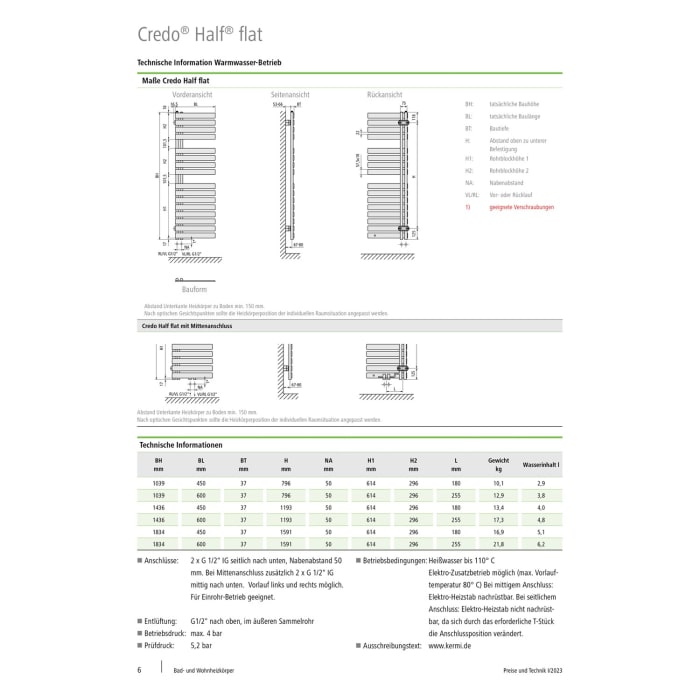 Kermi Credo Half flat Badheizkörper 45 x 143,6 cm, links, mit Mittenanschluss