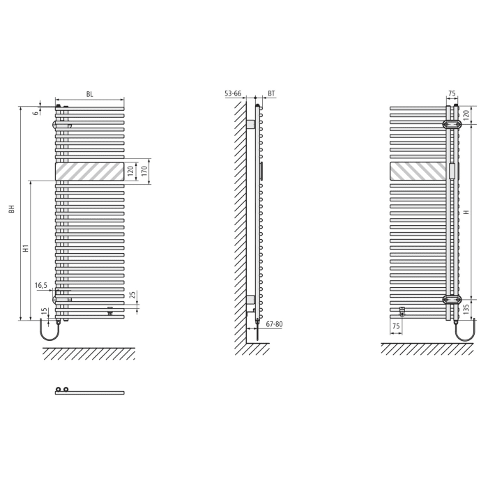 Kermi Credo Half round -E Badheizkörper 45 x 100 cm mit Elektro-Set WRS links