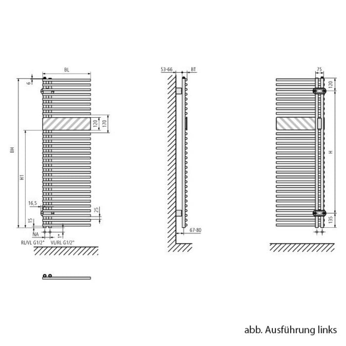 Kermi Credo Half round Badheizkörper 60 x 180 cm, links