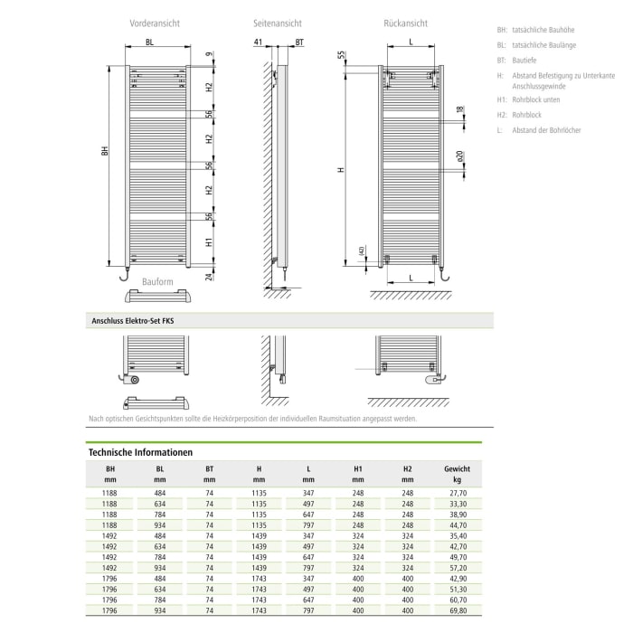 Kermi Duett-E Badheizkörper 63,4 x 7,4 x 179,6 cm inkl. Elektro-Set WRX links