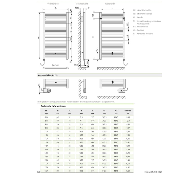 Kermi Geneo quadris-E Badheizkörper 44,7 x 3,2 x 81,4 cm inkl. Elektro-Set WWS links