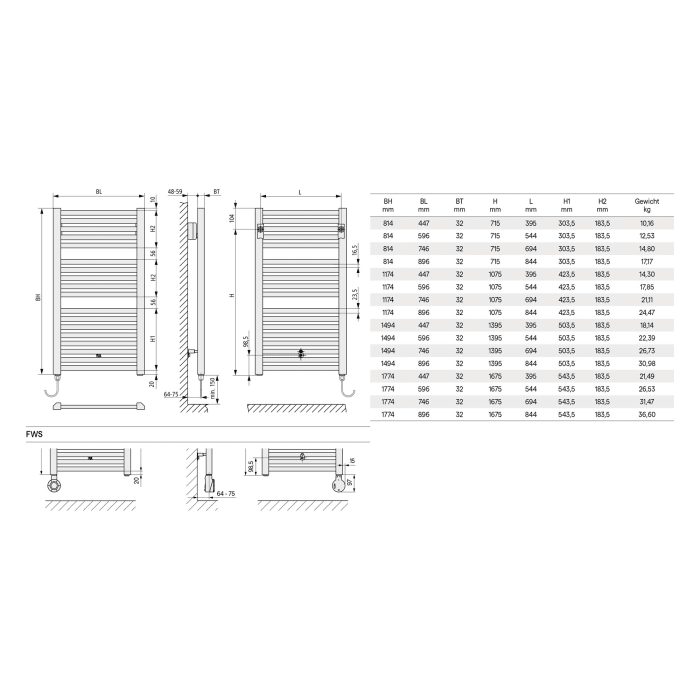 Kermi Geneo quadris-E Badheizkörper 44,7 x 3,2 x 81,4 cm inkl. Elektro-Set FWS links