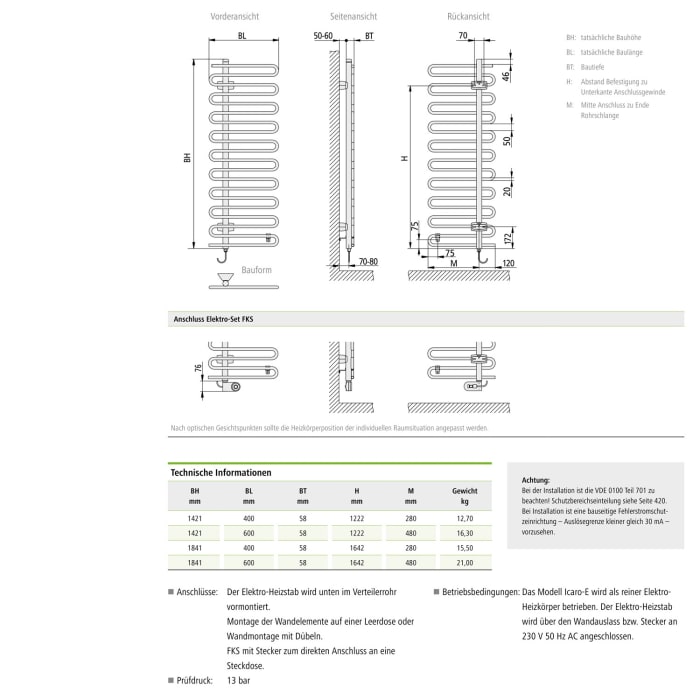 Kermi Icaro-E Badheizkörper 40 x 5,8 x 184,1 cm inkl. Elektro-Set WRX links