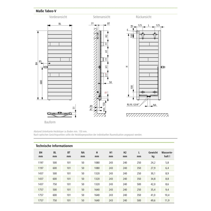 Kermi Tabeo-V Badheizkörper 75 x 10,1 x 175,7 cm Thermostatkopf seitlich links