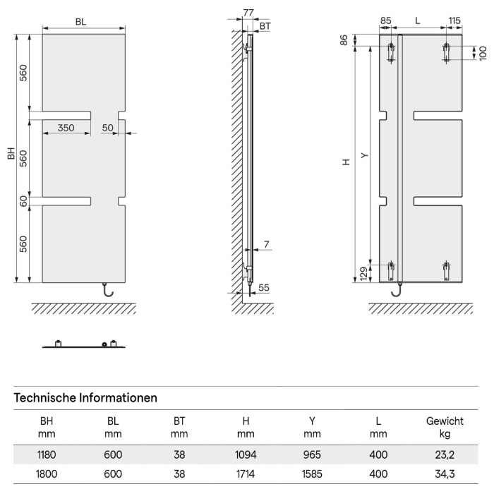 Kermi Tano-E Badheizkörper  60 x 180 cm inkl. Elektro-Set WRS links