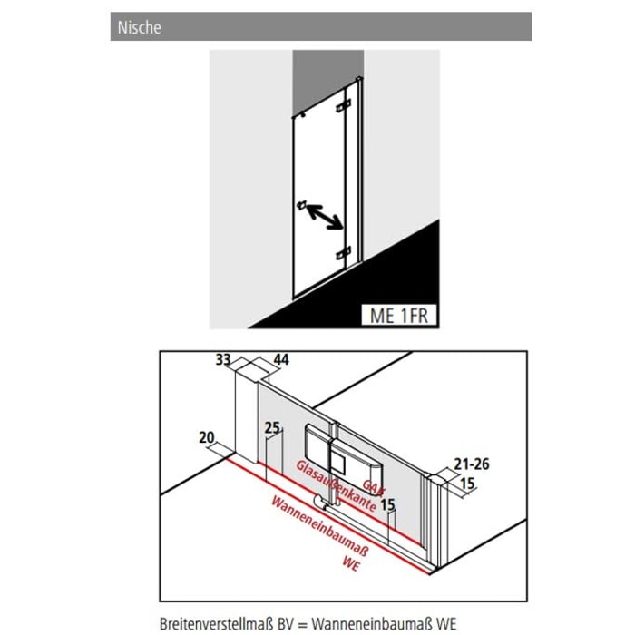 Kermi MENA Pendeltür 1-flügelig mit Festteil 90 cm, Anschlag rechts für Nische