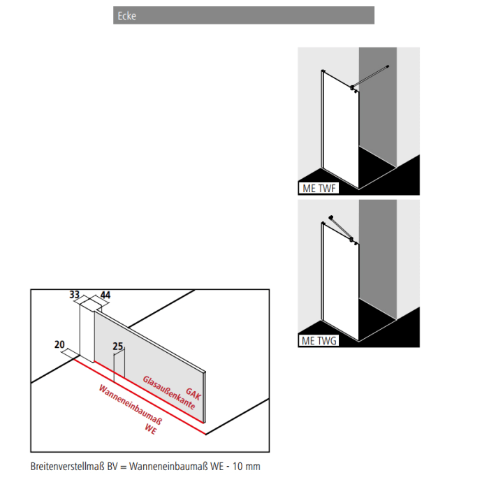 Kermi MENA teilgerahmte WALK-IN Wall mit 90° Stabilisierung 120 cm, breites Profil