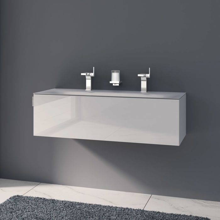 Keuco EDITION 11 Art Emaille-Doppelwaschtisch mit Waschtischunterschrank und Schaftventil, 1 Auszug, 2 Hahnlöcher, 120 cm