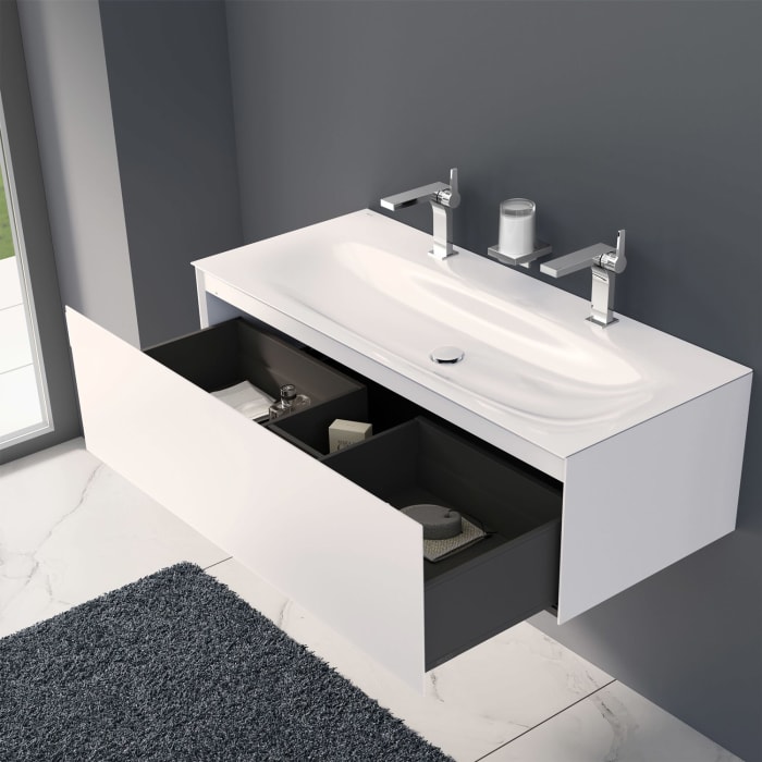 Keuco EDITION 11 Art Emaille-Doppelwaschtisch mit Waschtischunterschrank und Schaftventil, 1 Auszug, 2 Hahnlöcher, 120 cm