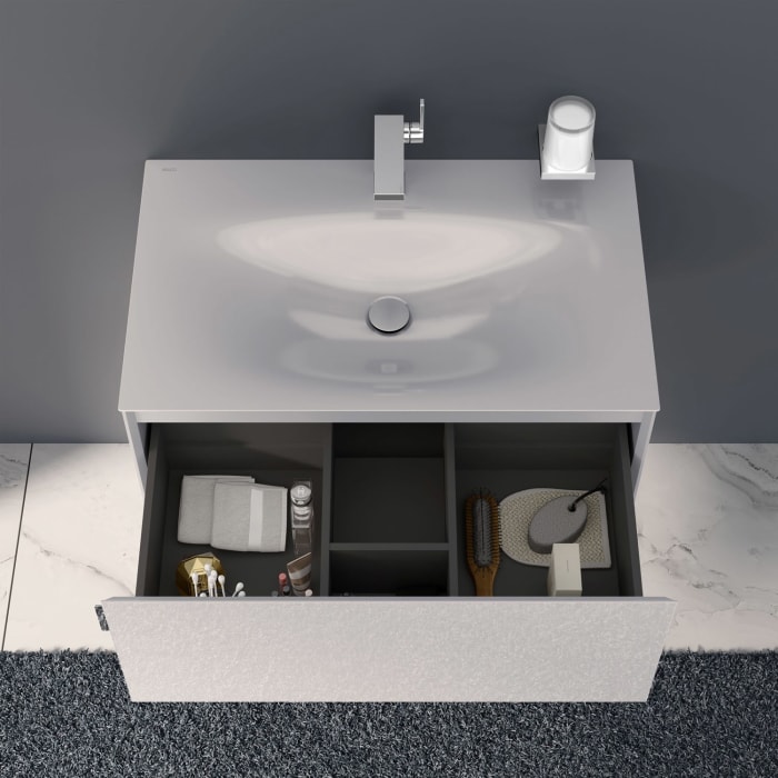 Keuco EDITION 11 Art Emaille-Waschtisch mit Waschtischunterschrank und Schaftventil, 1 Auszug, 1 Hahnloch, 80 cm