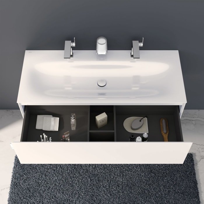 Keuco EDITION 11 Art Emaille-Doppelwaschtisch mit Waschtischunterschrank und Schaftventil, 1 Auszug, 2 Hahnlöcher, 120 cm