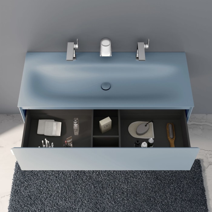 Keuco EDITION 11 Art Emaille-Doppelwaschtisch mit Waschtischunterschrank und Schaftventil, 1 Auszug, 2 Hahnlöcher, 120 cm