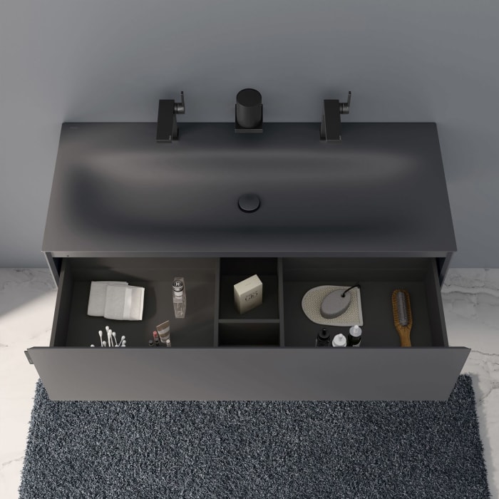 Keuco EDITION 11 Art Emaille-Doppelwaschtisch mit Waschtischunterschrank und Schaftventil, 1 Auszug, 2 Hahnlöcher, 120 cm