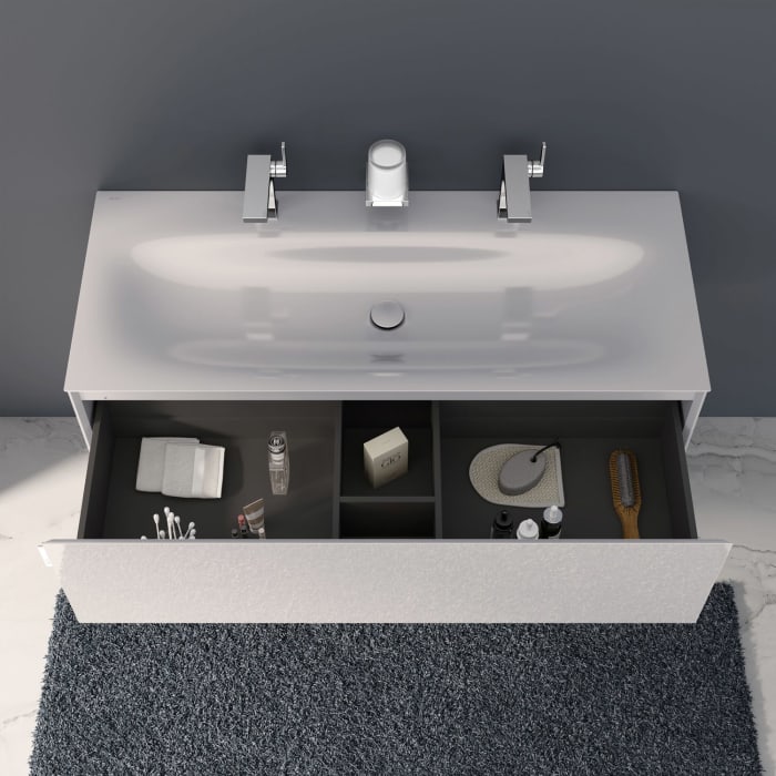 Keuco EDITION 11 Art Emaille-Doppelwaschtisch mit Waschtischunterschrank und Schaftventil, 1 Auszug, 2 Hahnlöcher, 120 cm