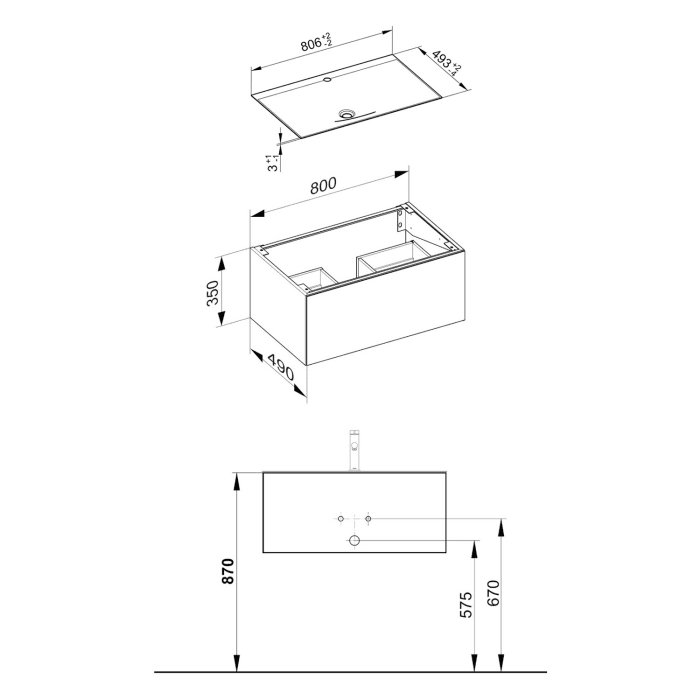 Keuco EDITION 11 Art Emaille-Waschtisch mit Waschtischunterschrank und Schaftventil, 1 Auszug, 1 Hahnloch, 80 cm