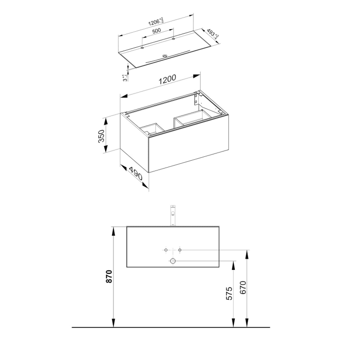 Keuco EDITION 11 Art Emaille-Doppelwaschtisch mit Waschtischunterschrank und Schaftventil, 1 Auszug, 2 Hahnlöcher, 120 cm