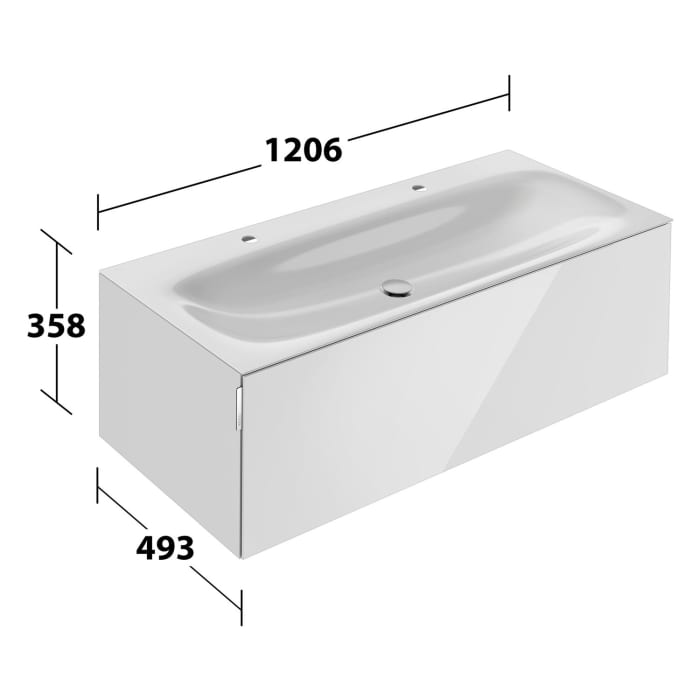 Keuco EDITION 11 Art Emaille-Doppelwaschtisch mit Waschtischunterschrank und Schaftventil, 1 Auszug, 2 Hahnlöcher, 120 cm