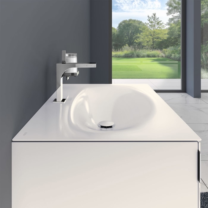 Keuco EDITION 11 Art Emaille-Waschtisch mit Waschtischunterschrank und Schaftventil, 1 Auszug, 1 Hahnloch, 80 cm