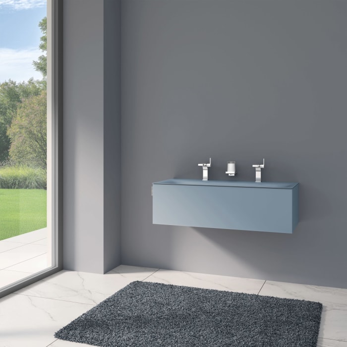 Keuco EDITION 11 Art Emaille-Doppelwaschtisch mit Waschtischunterschrank und Schaftventil, 1 Auszug, 2 Hahnlöcher, 120 cm