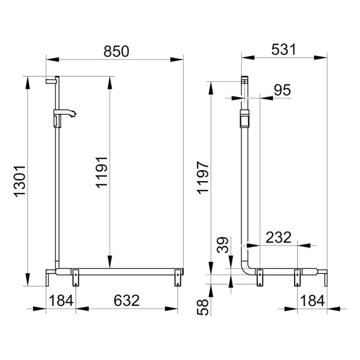 Keuco AXESS Eck-Duschhandlauf 90° mit Brausestange rechts, 53,1 x 85 x 130,1 cm