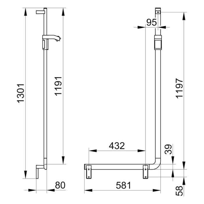 Keuco AXESS Winkelgriff 90° mit Brauseschieber links, 58,1 x 8 x 130,1 cm
