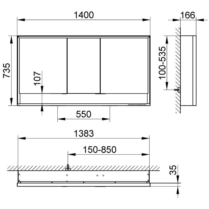 Keuco Royal Lumos Aufputz-Spiegelschrank 140 x 73,5 cm mit Spiegelheizung, LED-Beleuchtung, 3 Türen