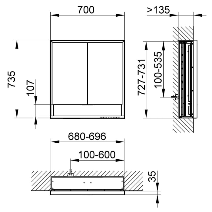Keuco Royal Lumos Unterputz-Spiegelschrank 70 x 73,5 cm mit Spiegelheizung, LED-Beleuchtung, 2 Türen